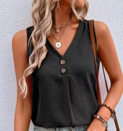 V-Neck Solid Buttons T Shirts Sleeveless Summer Tops Casual Women Loose Vest Shirts Ladies Tank Black White Blouses Streetwear